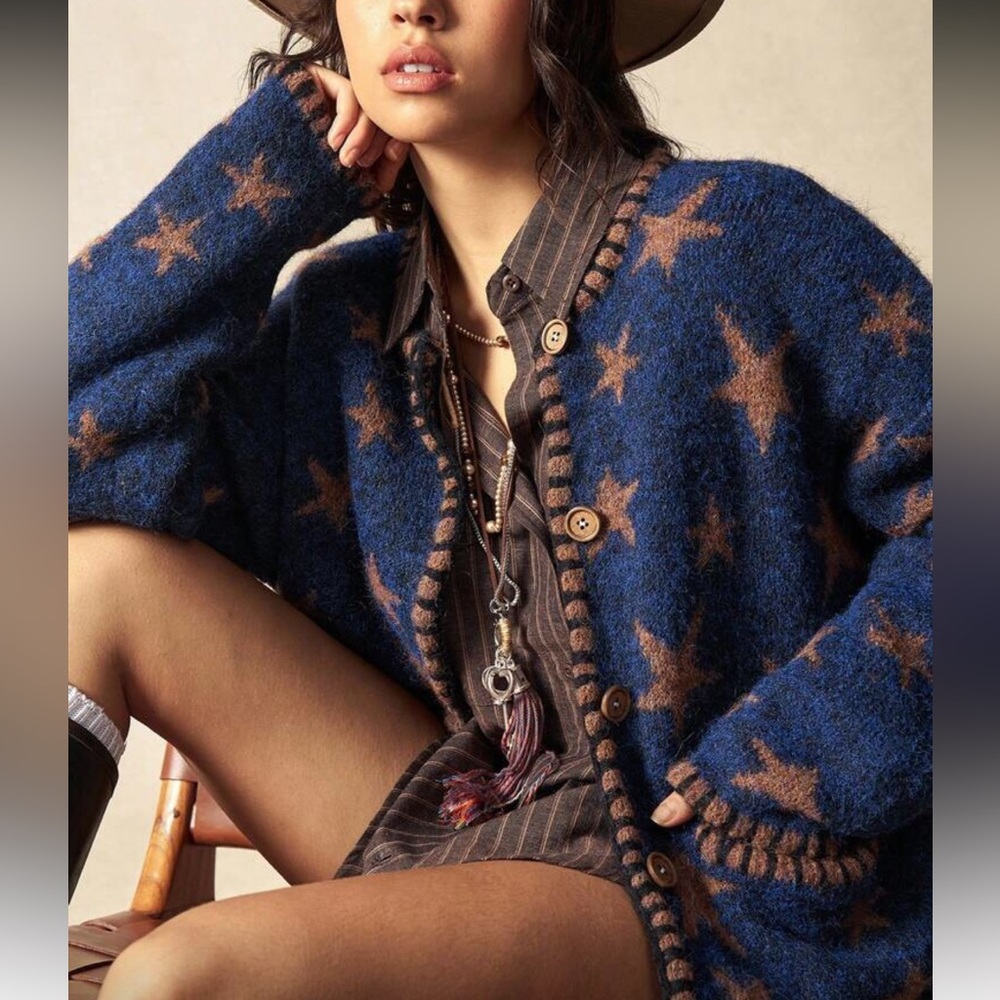 Star knit cardigan pocket Patterned Blue and golden Brown Women's Sweater - Picture 2 of 7